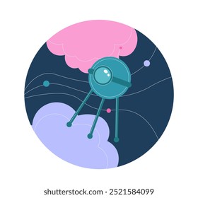 Science fiction sticker. Flying satelite. Space and cosmos, galaxy and universe. Cosmic adventure and journey. Social media sticker. Flat vector illustration isolated on white background