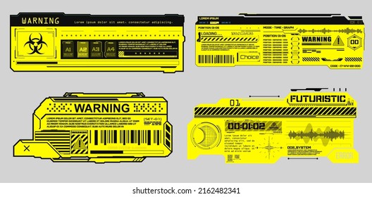 Science fiction stickers for futuristic design.  Modern frames, callouts for user menu interface elements in futuristic HUD style. System notifications, system status.  Isolated on gray background