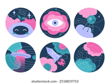 Conjunto de pegatinas de ficción de Ciencia. OVNI, cohete, satélite y constelación. Galaxia y universo. Planetas y nubes. Viajes cósmicos y aventura. Colección plana del Vector aislada en el fondo blanco