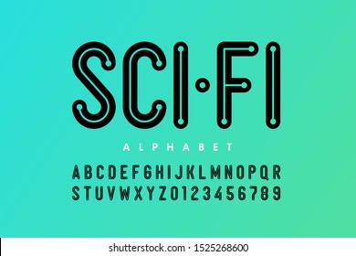 Science fiction style font, alphabet letters and numbers, vector illustration 