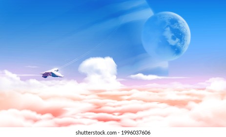 Science fiction vector illustration of an alien planet above the sea of clouds with the vast view of massive planets in the background.