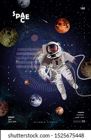 science fiction, vector illustration of an astronaut in space, the moon and the planet in a starry night sky, a template for the design of a modern poster or magazine cover