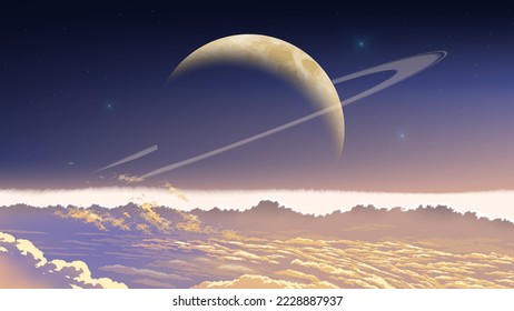 science fiction vector illustration of a cloudscape with a background of the big ring planer