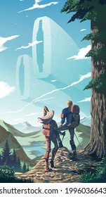 Science fiction vector illustration of a couple is trekking to the peak of the cliff with the background of valley scenery and futuristic massive structures in the orbit.