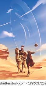 Science fiction vector illustration of a family is traveling in a desert for their pilgrimage with a view on the background of a futuristic massive structure in the orbit.