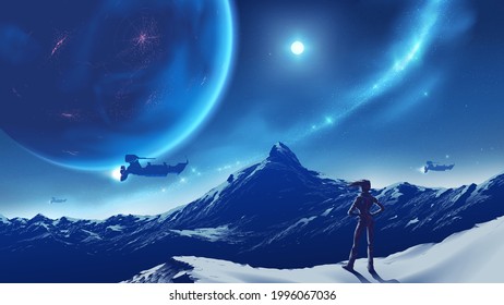 Science fiction vector illustration of a lady standing on the peak looking at vast mountain scenery viewable of habitable planet in the sky, on an unknown planet.