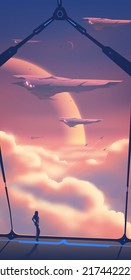 science fiction in vector illustration of a lady is observing the army fleet that flying over the sea of clouds, on the spaceship corridor 