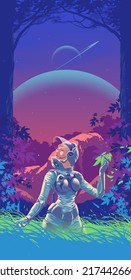 science fiction in vector illustration of a lady in a spacesuit is exploring the mysterious forest on an unknown planet.