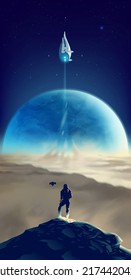 Science Fiction In Vector Illustration Of A Man In A Futuristic Suit Standing On The Peak Of An Unknown Planet With The Background Of The Spaceships Flying Out To Space