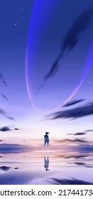 science fiction in vector illustration for a smartphone wallpaper of a lady in a futuristic suit standing on an unknown planet with the background the massive structure in the atmosphere