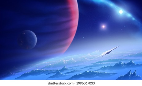 Science Fiction Vector Illustration Of A Spaceship Is Flying From An Unknown Planet In The Universe With The Background Of A Nebula And A Giant Gas Planet