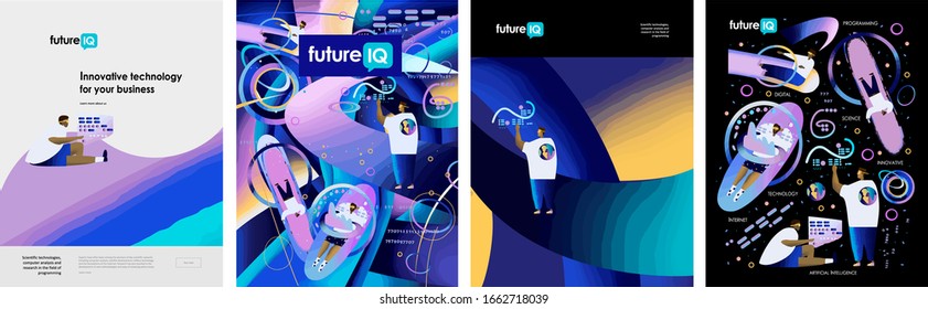 Science fiction.Innovate future technology for business! Set of posters businessmen work artificial intelligence, man use neural networks, people virtual communications. Vector illustration for poster