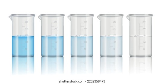 Science flask liquid realistic set with volume symbols isolated vector illustration