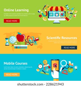 Science flat banner set with online learning scientific resources mobile courses isolated vector illustration