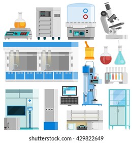 Science flat color isolated icons set of tools for natural sciences research and highly technological laboratory equipment flat vector illustration 