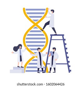 Science flat digital vector illustration. Scientist people doing experiment with big DNA for research and development. Genetic engineering business metaphor concept for app, website, and banner.