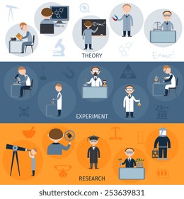 Science flat horizontal banners set with theory experiment research elements isolated vector illustration