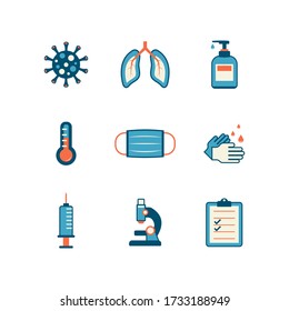 science flat icon set on theme coronovirus. Included icons as lungs, blood test, virus transmission, mask, alcohol gel, illustration, isolated on white background - Vector