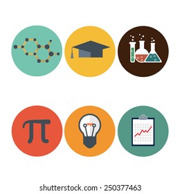 Science flat icons set. DNA, atom, microscope, mathematic Pi icon