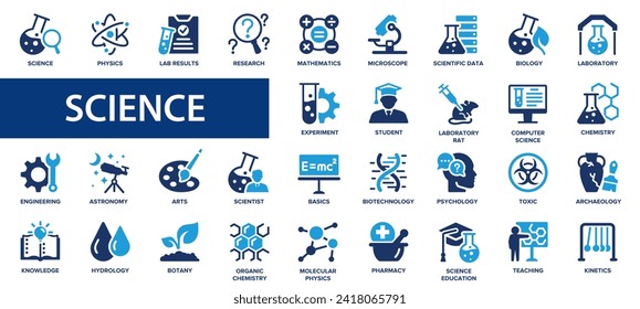 Science flat icons set. Laboratory, scientific, physics, biology, laboratory, research icons and more signs. Flat icon collection.