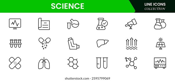 Science flat icons set. Laboratory, scientific, physics, biology, laboratory, research icons and more signs. Flat icon collection.