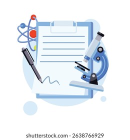 Science Flat Illustration with Floating Microscope, Atom Icon, and Pen on Soft Blue Background
