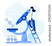 Science flat style vector illustration. Scientists make discoveries in laboratory-style exploring, learning, building knowledge, and collecting research data.