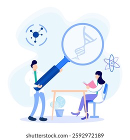 Science flat style vector illustration. Scientists make discoveries in laboratory-style exploring, learning, building knowledge, and collecting research data.