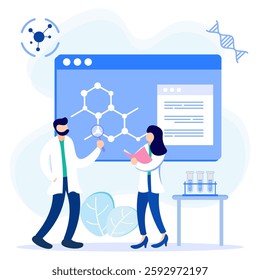 Science flat style vector illustration. Scientists make discoveries in laboratory-style exploring, learning, building knowledge, and collecting research data.