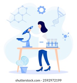 Science flat style vector illustration. Scientists make discoveries in laboratory-style exploring, learning, building knowledge, and collecting research data.