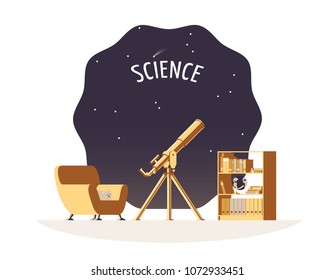 Science flat vector illustration. Telescope standing next to armchair and bookshelf. Golden metallic telescope pointing towards the night sky.