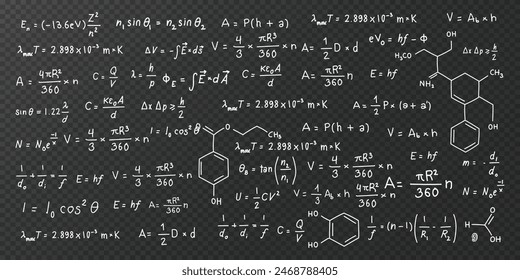 Science formula set. Hand drawn math and chemistry formulas. Scientific calculation illustration.