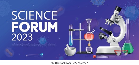Science forum 2023 horizontal poster illustrating with microscope burner grinding bowl and flasks realistic vector illustration