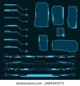 Science Frame HUD set. Futuristic Header Footer Set For Game UI Inforgraphic digital callout. frame title text hud template vector element.