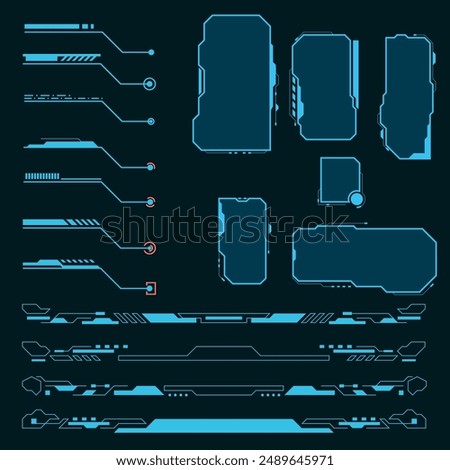 Science Frame HUD set. Futuristic Header Footer Set For Game UI Inforgraphic digital callout. frame title text hud template vector element.