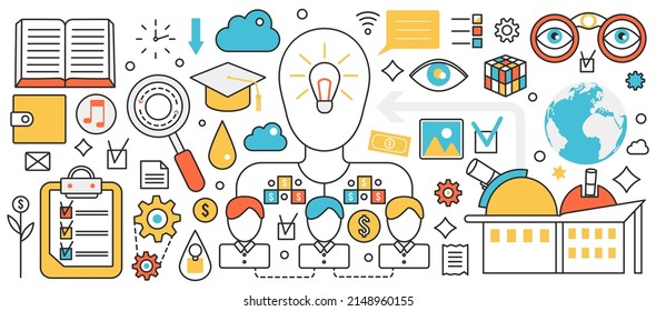 Science future innovation process, space research. Abstract development with team of scientists, telescopes in observatory, education and vision in infographic concept banner, thin line art design