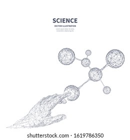 Science futuristic concept.
Low poly wireframe digital vector.
Polygons, lines, particles, and connected dots.
Abstract 3d isolated hand touching a molecule
on white innovation technology background.