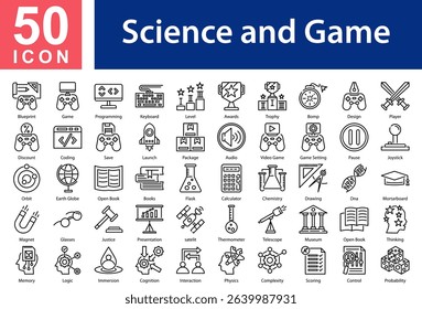 Science and GameCollection of Icons with Outline Style Containing: Blueprint,Game,Programming,Keyboard,Level,Awards,Trophy,Bomp,Design,Player,Discount,Coding ,Save,Launch ,Package ,Audio,Video Game 