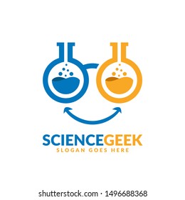 Science geek logo design template, two lab beakers as glasses lenses