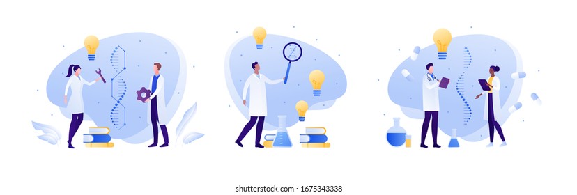 Science Genetic Laboratory And Artificial Dna Concept. Vector Flat Person Illustration. Male And Female Scientist With Gene Helix Sign. Lab Equipment. Idea Light Bulb. Design For Medicine Banner