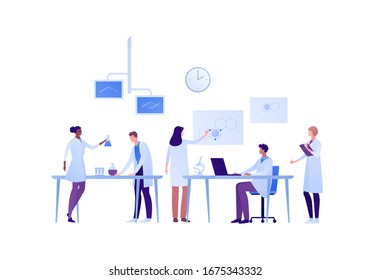 Science genetic laboratory concept. Vector flat person illustration. Multiethnic male and female scientist with dna sign. Lab equipment. Laptop and microscope on desk. Design for medicine banner