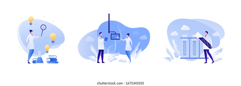 Science genetic laboratory concept. Vector flat person illustration set. Male and female scientist with dna sign. Lab equipment. Computer screen, test tube, magnifier. Design for medicine banner