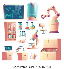 Science genetic laboratory equipment, glassware and tools cartoon vector set isolated on white background. Laboratory rats, robotic hand, microscope, desk with computer and glass flasks illustration