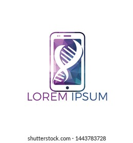 Science genetics mobile app vector logo design. Genetic analysis, research biotech code DNA. Biotechnology genome chromosome.