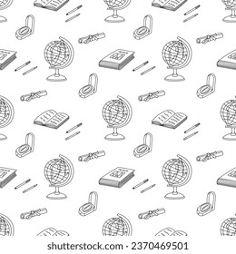 Science geography illustration. Vector doodle seamless pattern on white background. Back to school theme.