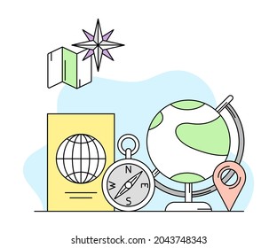 Science and Geography Study with Compass and Globe Vector Line Illustration