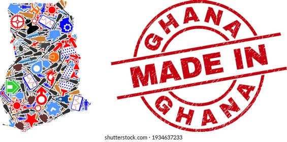 Science Ghana map mosaic and MADE IN distress stamp seal. Ghana map mosaic created with wrenches, cogs, screwdrivers, aircrafts, cars, power sparks, rockets.
