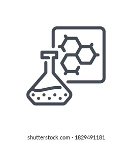Matraz de vidrio de ciencia con icono de línea de fórmula. Botella de vidrio con signo de contorno vectorial de estructura molecular.