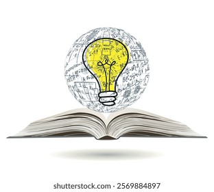 Science. Globe of mathematical equations and formulas with light bulb rising from open book. Vector illustration. Doodle