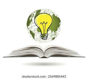 Science. Globe of mathematical equations and formulas with light bulb rising from open book. Vector illustration. Doodle